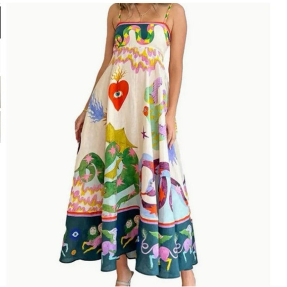 Bohemian Cami Maxi Dress Medium Graffiti Colorful Print Smocked Snake Dragon - Picture 1 of 16